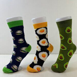 Unisex Crew Socks Set 3 Burgers Eggs Avocados Print Black Green Yellow White